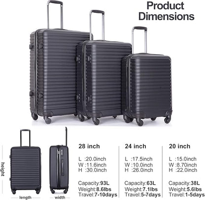 Travelhouse Luggage Sets, Expandable Hardside Suitcases 24in/28in, Carry on 20in,3 Piece Set Travel Luggages Clearance with Double Spinner Wheels TSA Lock Lightweight (Black-85)