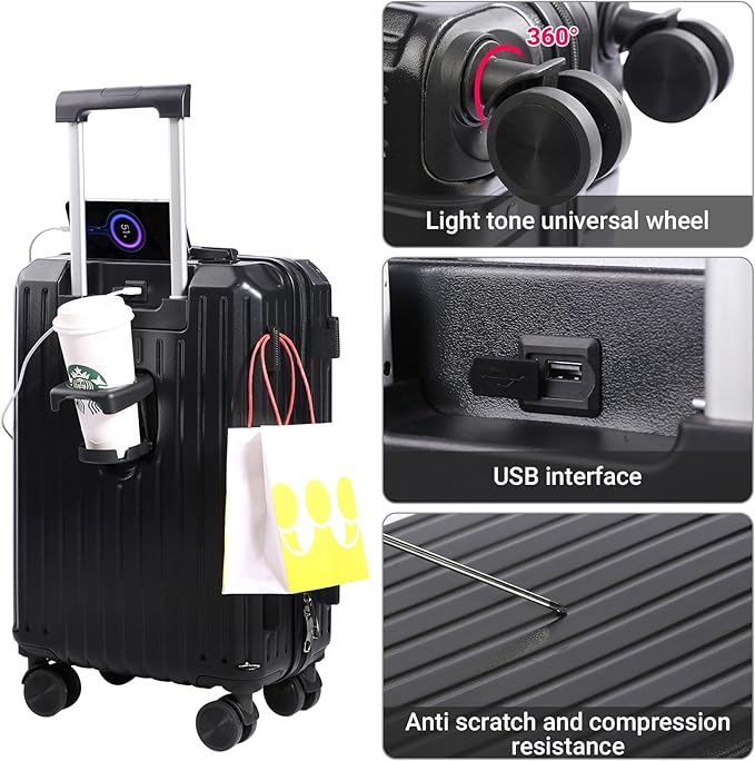 Carry-on Luggage with Cup Holder & USB Charging Port, Hard Side Luggage with Spinner Wheels, Lightweight Luggage for Travel, Business (Black, Carry-On 20-Inch)