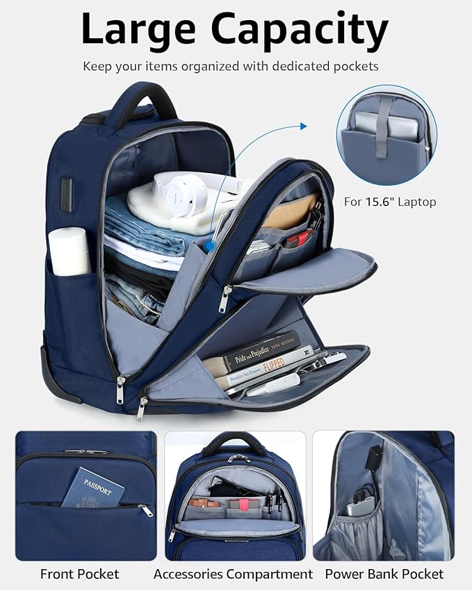 Rolling Backpack, 30L Travel Laptop Backpack with Wheels, 15.6 Inch Personal Item Roller Luggage with USB Charging Port Flight Approved for Men Women Adults, Blue