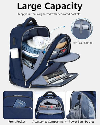 Rolling Backpack, 30L Travel Laptop Backpack with Wheels, 15.6 Inch Personal Item Roller Luggage with USB Charging Port Flight Approved for Men Women Adults, Blue