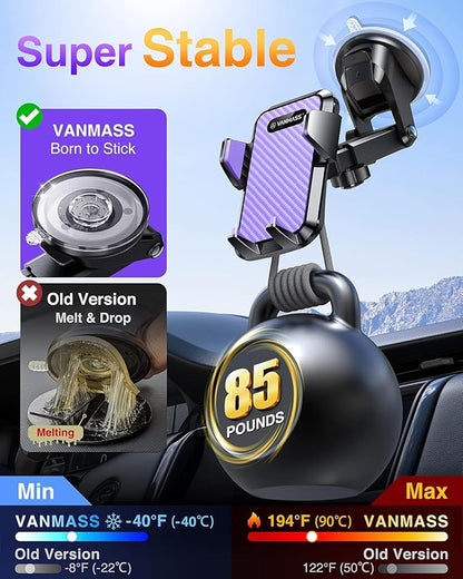 VANMASS 【85+LBS Strongest Suction & Military-Grade】2025 Ultimate Car Phone Mount【Patent Safety Certs】Cell Phone Holder Truck Stand Dashboard Windshield Vent for iPhone 16 15 Pro Max 14 Samsung, Purple