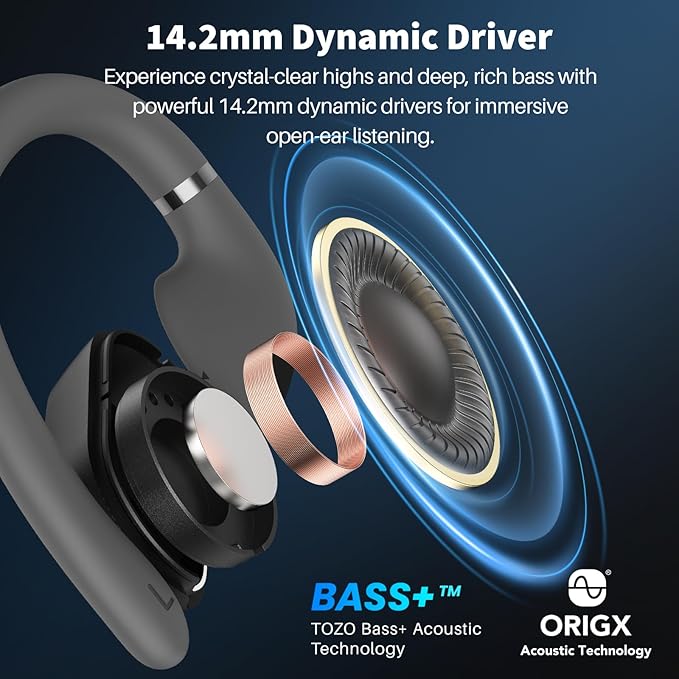 TOZO OpenWear Open Ear Headphones, Adjustable Ear Hooks, Ultra Comfort, Punchy Bass Bluetooth Headphones 5.4 with Smart Digital Display, Immersive Audio Earbuds, Stereo Bass, Fast Charging