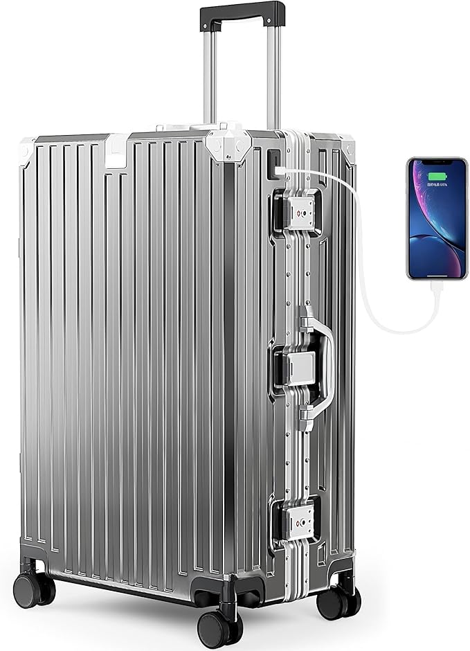 28-Inch Checked Large Luggage with Thickened Aluminum Frame, Durable PC Hardside Zipperless Suitcase with Spinner Wheels,TSA Lock,USB Charging Port,Dark Gray