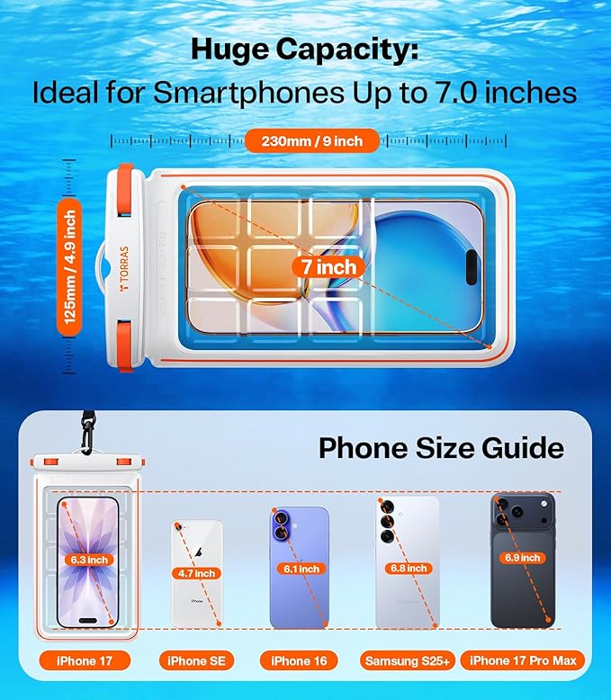 TORRAS 2 Pack IPX8 Waterproof Phone Pouch Floating, Underwater Screen Touchable, Waterproof Phone Case with Lanyard for iPhone 16 Pro Max 15 14 13 S25 Ultra S24, Cell Phone Dry Bag 7.0", Black & White