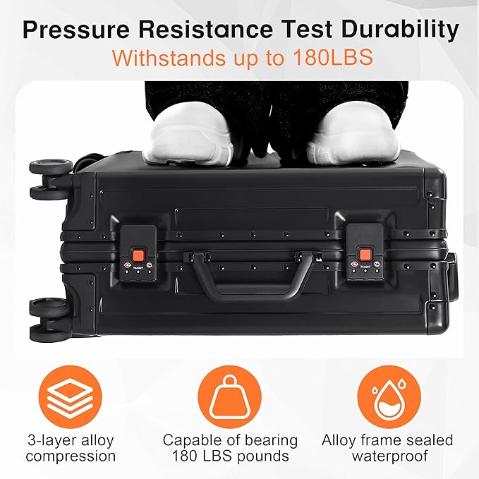 All Aluminum 24 Inch Check In Luggage Hard Shell Suitcases with Spinner Wheels and TSA Lock, Checked Medium Suitcase (Black)