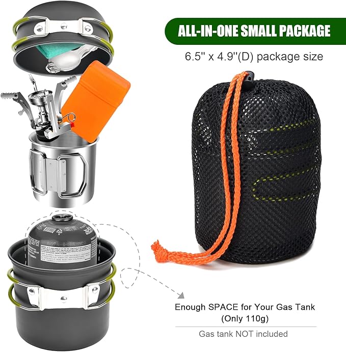 Odoland 8pcs Camping Cookware Mess Kit, Camping Pot and Pan Set with Mini Backpacking Stove, Stainless Steel Cup, Spork and Tank Bracket, Cooking Gear for Outdoor, Hiking, Picnic, Campfire