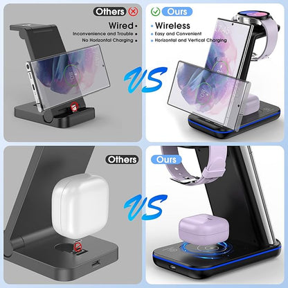 Wireless Charging Station for Samsung/Android, Fast Wireless Watch Charger Station Compatible for Samsung Galaxy S25 Ultra/S24/S23+/Z Flip 7/6 Fold 7/6, Watch8/7/Pro/Active 2 Galaxy Buds3/2 Pro(Black)