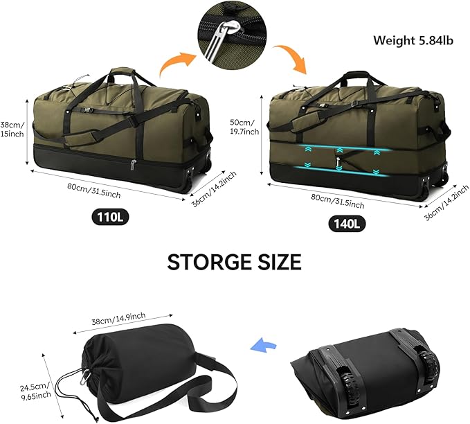 110L/140L Expandable Soft-Sided Foldable Duffle Bag with 2 Rubber Wheels,Packable 32” Rolling Carry-On with Multi-Pockets & Compartments,Army Green