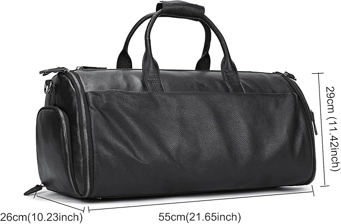 Genuine Leather Garment Bag Large Capacity Travel Bag Business Suit Carrier Bag with Shoe Compartment, Men Women Duffel Bags for Overnight Gym Sports Weekend, Black