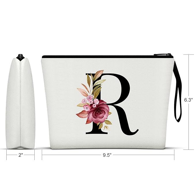 Vavabox A-Z Personalized Makeup Bag, Birthday Gifts for Women Mom, Gifts for Best Friend, Bride Bridesmaid Cosmetic bag (R, White)