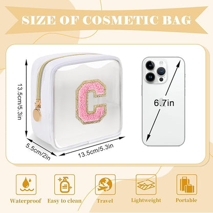 Personalized Initial Letter Clear Preppy Makeup Bag,Mini Nylon Chenille Letter Cosmetic Bag Cute Zipper Pouch Purse for Teen Girls,Portable TSA Approved Beach Travel Essentials Bag Gift for Women,C