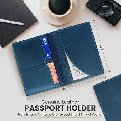 Leather Passport Holder with Travel Wallet, Genuine Leather Passport Cover- Passport Wallet, Leather Folding Wallet for Passports (Oval Cut, Blue)