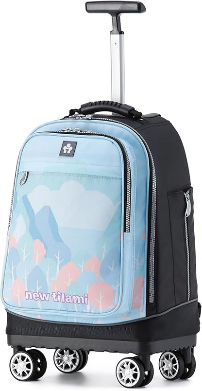 NEW TILAMI 19 Inch Rolling Backpack 360°rotating Universal Wheel, Large Organizer Compartments, Adjustable Handle, Carry on for School Students Business Travel, Pink Forest Cloud