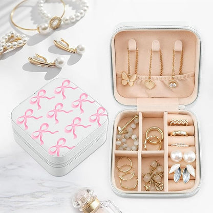 MAYCARI Jewelry Box with Cute Pink Bow Pattern Design, PU Leather Jewelry Travel Organizer Case-Rings/Earrings/Necklace Storage Box for Women Birthday Mom Friends Her Bridesmaids Girls s