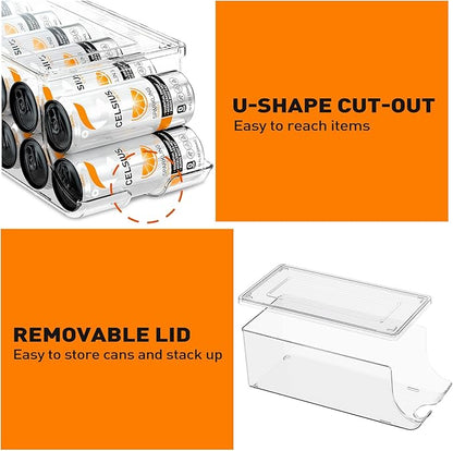 4 Pack Skinny Can Organizer for Refrigerator, Stackable Tall Skinny Soda Pop Can Holder Dispenser with Lid for Fridge Pantry Rack Freezer, Clear Plastic Storage Bins-Holds 12 Slim Cans Each