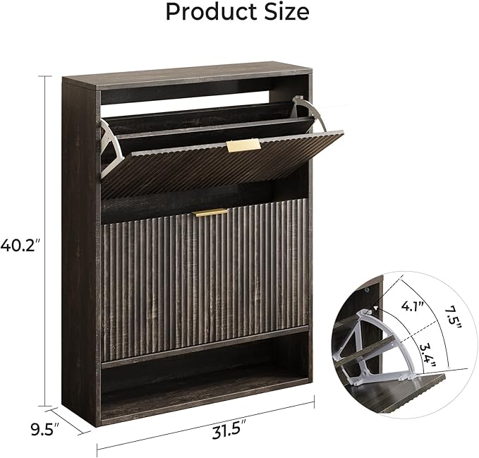 31.5''W Black Shoe Storage Cabinet for Entryway with 2 Flip Drawers, Fluted Slim Shoe Cabinet, Free Standing Wooden Shoes Organizer for Foyer, Hallway