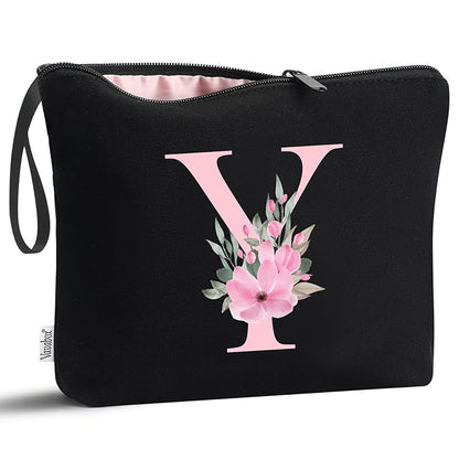 Vavabox A-Z Personalized Makeup Bag, Birthday Gifts for Women Mom, Gifts for Best Friend, Bride Bridesmaid Cosmetic bag (Y, Black)