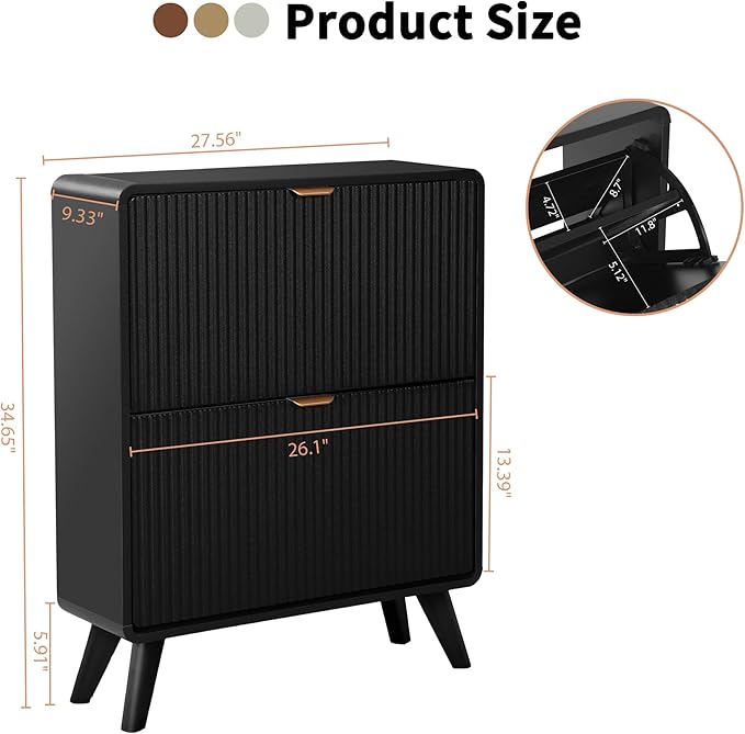 RARZOE Set of 2 Fluted Shoe Storage Cabinets for Entryway, Narrow Curved Shoe Cabinet with 2 Flip Drawers, Freestanding Wood Hidden Shoe Organizer Closed Shoe Rack Cabinet for Foyer,Hallway (Black)