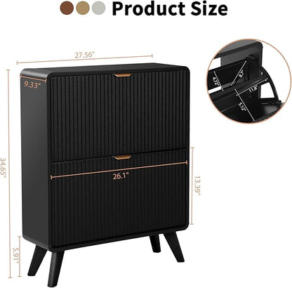 RARZOE Set of 2 Fluted Shoe Storage Cabinets for Entryway, Narrow Curved Shoe Cabinet with 2 Flip Drawers, Freestanding Wood Hidden Shoe Organizer Closed Shoe Rack Cabinet for Foyer,Hallway (Black)