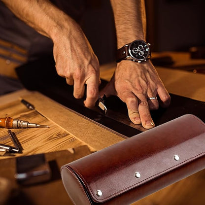 MR.OKAY 3 Watch Travel Case- Classic Leather Watch Case With Superb Texture.Portable Watch Roll Or Organizer For Storage And Display. Men's Great Gift For Traveling, 100% Handmade by Artisans.