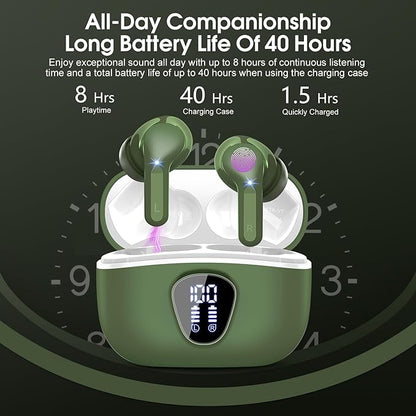 Wireless Earbuds, Bluetooth 5.4 Headphones HiFi Stereo, Bluetooth Earbuds with ENC Noise Cancelling Mic, IP7 Waterproof in Ear Earphones, 48H, LED Display Ear buds for Pad Phones Workout Sports, Green