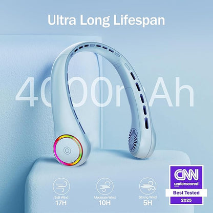 Portable Neck Fan, Personal Fan with 4000mAh Battery, Rechargeable Neck Fan with 3 Speeds and 64 Cool Lights, Birthday Gifts for Men Women Mom Dad, Hands Free Cooling fan for Summer(Blue)