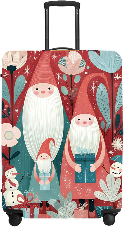 Christmas Gnome Luggage Cover - Red Background with Santa's Helpers, Trees and Snowmen, Elastic Holiday Travel Case for 32 34 Inch Bag