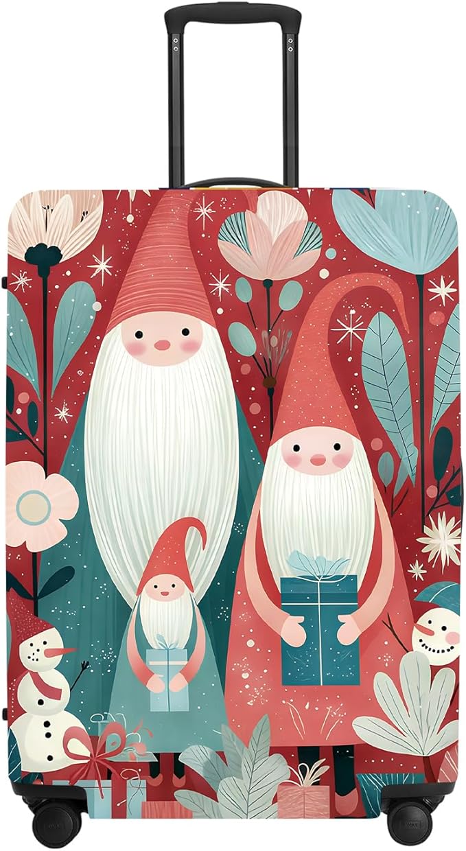 Christmas Gnome Luggage Cover - Red Background with Santa's Helpers, Trees and Snowmen, Elastic Holiday Travel Case for 24 26 Inch Bag