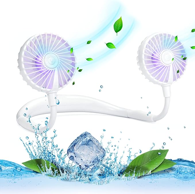 VAGAU Portable Cooling Neck Fan, Rechargeable USB Personal Neck Fan with Colorful LED lights, 360° Rotation for Office Travel Sport, 3 Adjustable Speeds