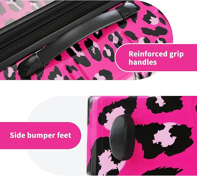 Merax Leopard Print Luggage Sets, 3 Piece Durable Suitcase Set with Spinner Wheels,Large Checked Travel Suitcases and Carry On Travel Luggage, 100% PC, TSA Lock,Hot Pink(20in/24in/28in)