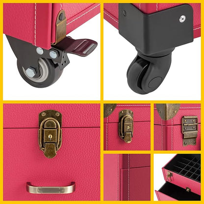 Rolling Makeup Case w/ 2 Keys, 3-tier Lockable Makeup Train Case w/ Drawers, Removable Baffle Nail Polish Organizer, Travel Cosmetic Case w/ 15-34in Telescopic Rod, 14.2*9*39.76in, Bronze Latch+Rose