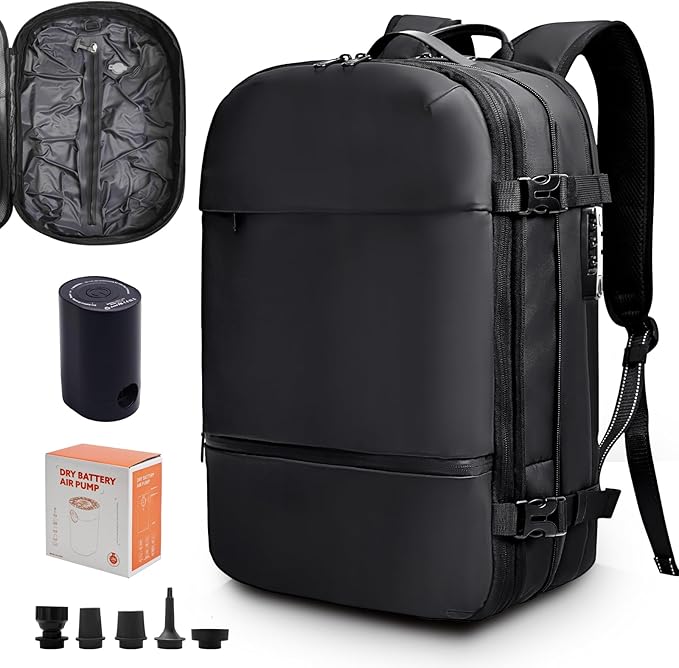 KINGSLONG Vacuum Backpack Travel Vacuum Seal Compression Travel 60L Expandable Vacpack with Pump Ideal for Traveling Business Laptop (Portable Electric Air Pump Included)