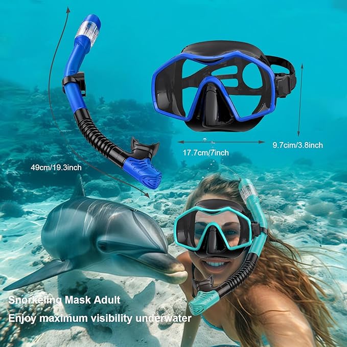 Snorkeling Gear for Adults,Dry-Top Snorkel Mask Set with Tempered Glass,Anti-Fog & Anti-Leak Panoramic Swim Mask,Adjustable Snorkel Kit with Carry Bag for Scuba Diving,Swimming,Travel
