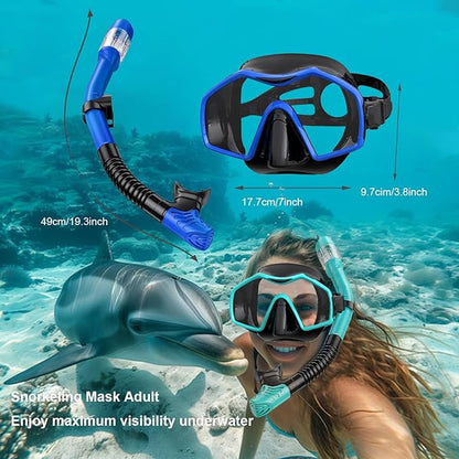 Snorkeling Gear for Adults,Dry-Top Snorkel Mask Set with Tempered Glass,Anti-Fog & Anti-Leak Panoramic Swim Mask,Adjustable Snorkel Kit with Carry Bag for Scuba Diving,Swimming,Travel