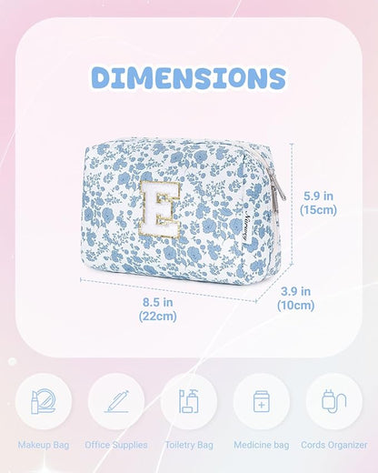 Narwey Birthday Gifts for Teen Girls Kids Women Personalized Initial Floral Makeup Bag Cute Cosmetic Trendy Stuff 6 8 10 11 12 13 14 16 18 Years Old Travel Toiletry Bag (Little Blue Flower E)