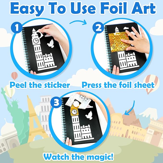 FUNNYB&G Foil Art Craft for Kids - Christmas Crafts Gift Party Favors Stocking Stuffers for Kids Fun Art Supplies Creative Birthday Gift Travel Toys for Girls Boys 4 5 6 7 8 9 Years Old(Buildings)