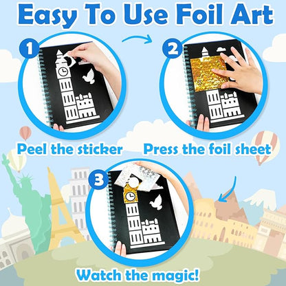 FUNNYB&G Foil Art Craft for Kids - Christmas Crafts Gift Party Favors Stocking Stuffers for Kids Fun Art Supplies Creative Birthday Gift Travel Toys for Girls Boys 4 5 6 7 8 9 Years Old(Buildings)
