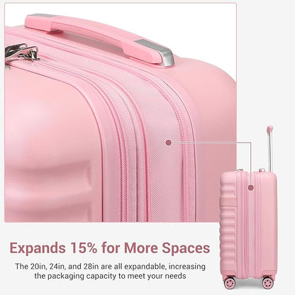 Kono Luggage Set 3 Pieces Expandable PC ABS Durable Suitcase Hardside with Double Spinner Wheels Tsa Lock Pink(20in/24in/28in)