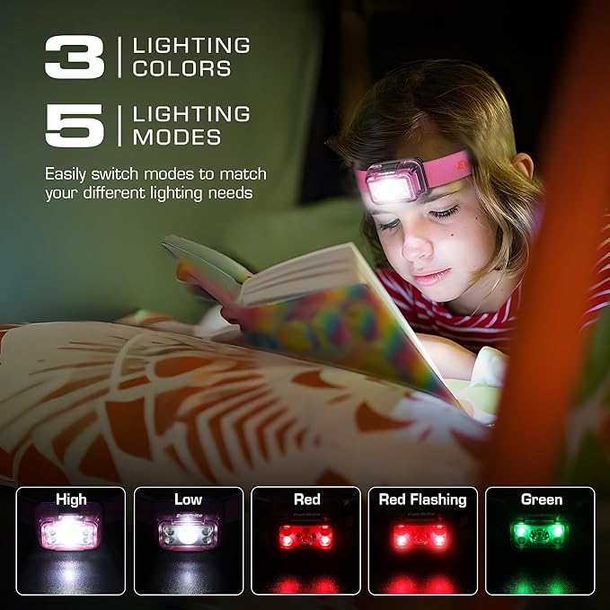 EverBrite Rechargeable Headlamp, 2 Pack Kids Headlamp with White/Red/Green Light and Memory Function, Head Lamp for Adult and Kid with 5 Modes, 120° Adjustable LED Headlamp for Camping, Running-Pink
