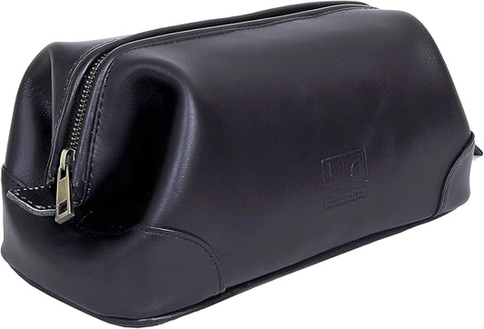 HLC Leather Toiletry Bag for Men Best Gift Premium Genuine Dopp Kit Shaving Kit Organizer Travel Kit Pouch Bag 10 inch Size (Black)
