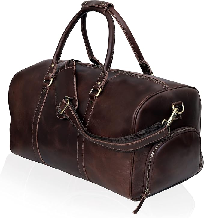 Leather Travel Bag,Weekender Overnight Bag Leather Large Carry On Bag Travel Tote Duffel Bag for Men & Women (Dark Brown)