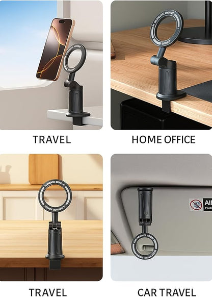 Universal 360° Magnetic Airplane Phone Holder Mount – Strong Clamp, Compatible with iPhone & All Smartphones, Hands-Free Viewing for Travel & Home Use