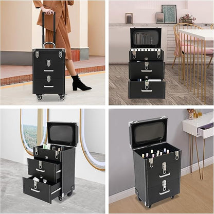 Rolling Makeup Case w/ 2 Keys, 3-tier Lockable Makeup Train Case w/ Drawers, Removable Baffle Nail Polish Organizer, Travel Cosmetic Case w/ 17.7in Telescopic Rod, 14.2*9*19.3in, Silver Latch+Black