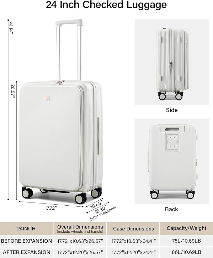 Hanke 24Inch Expandable Luggage Top Opening Medium Checked Luggage Hard Shell Suitcases with Wheels Travel Luggage Rolling Suitcase with Cup Holder(Smoke White)