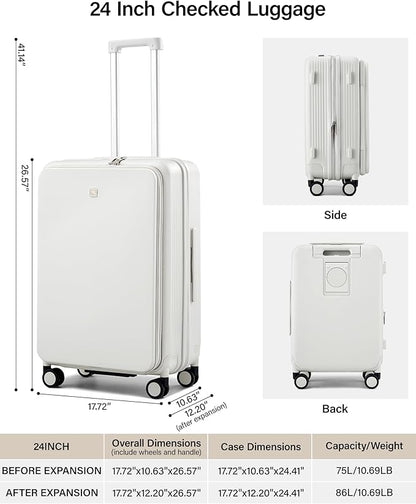 Hanke 24Inch Expandable Luggage Top Opening Medium Checked Luggage Hard Shell Suitcases with Wheels Travel Luggage Rolling Suitcase with Cup Holder(Smoke White)