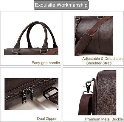 Leather Travel Bag for Men Large Capacity Luggage Duffel Bag with Shoe Compartment, Weekend Handbag for Holiday Business Trip 45cm, Brown
