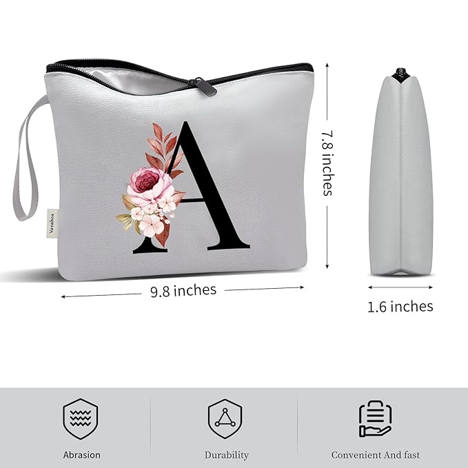 Vavabox A-Z Personalized Makeup Bag, Birthday Gifts for Women Mom, Gifts for Best Friend, Bride Bridesmaid Cosmetic bag (A, Grey)