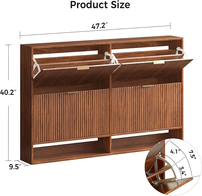 47.2''W Walnut Shoe Storage Cabinet for Entryway with 4 Flip Drawers, Fluted Slim Shoe Cabinet, Free Standing Wooden Shoes Organizer for Foyer, Hallway