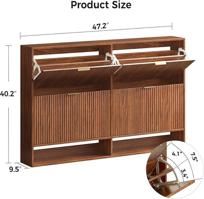 47.2''W Walnut Shoe Storage Cabinet for Entryway with 4 Flip Drawers, Fluted Slim Shoe Cabinet, Free Standing Wooden Shoes Organizer for Foyer, Hallway