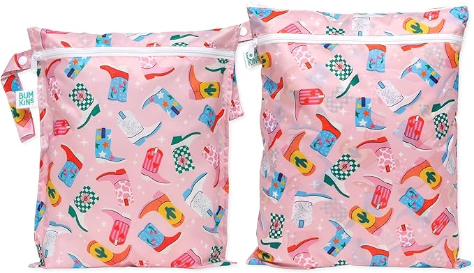 Bumkins - Waterproof Wet and Wetdry Bags - For Beach, Baby, Travel, Swim Suit, Cloth Diapers, Pump Parts, Pool, Gym, Toiletries - Reusable & Easy to Clean - Cowgirl Boots - 2 Pack